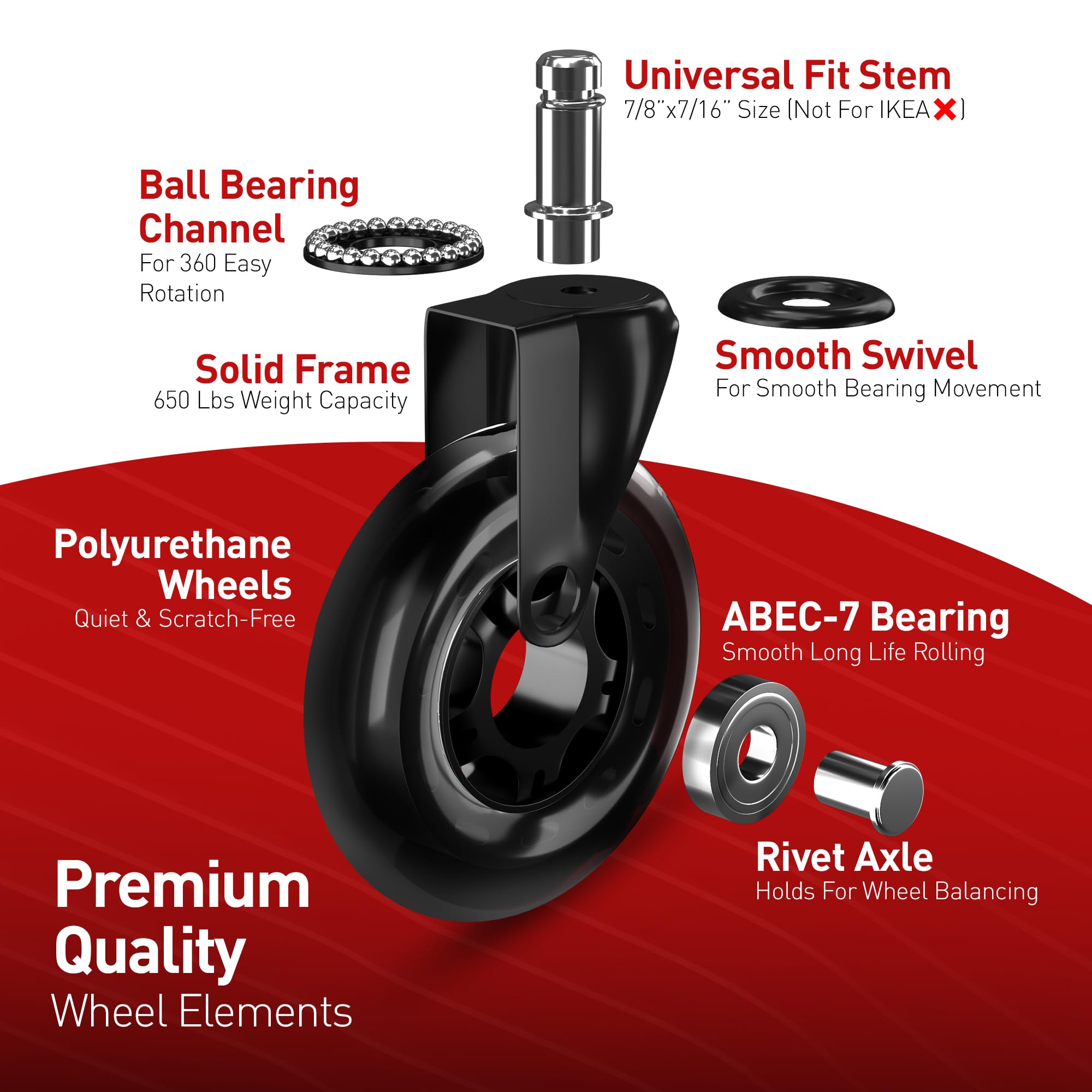 Office Chair Mat 5-Pack Heavy Duty 3-Inch Office Chair Casters Soft Rubber Swivel Wheels Replacement K 976576 - Foto 9