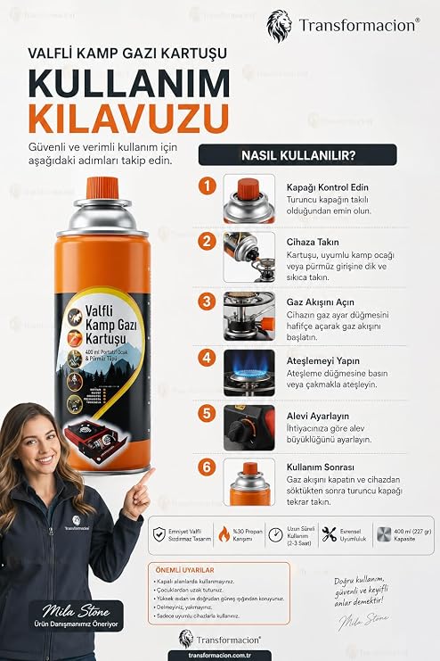 Transformacion Valfli Kamp Gazı Kartuşu 400 ml, Portatif Ocak ve Pürmüz Tüpü ile Uyumlu, 9 Adet