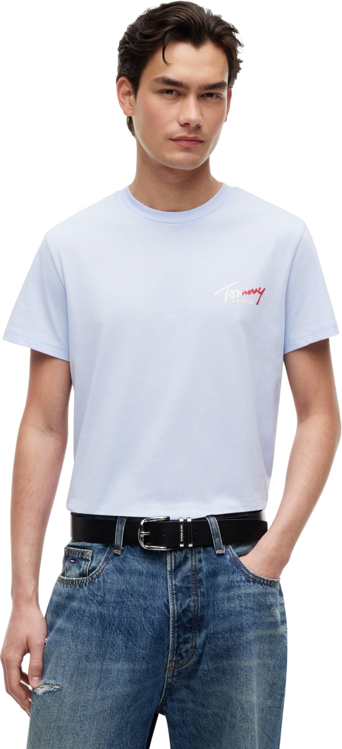 Tommy Jeans Herren T-Shirt Kurzarm Slim Sign Chest mit Logo, Blau (Moonlight Iris), XXXL