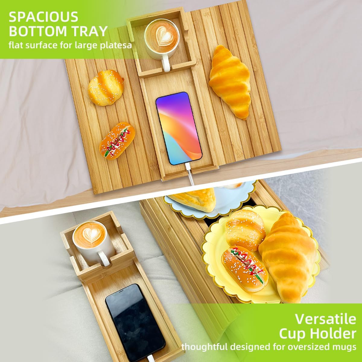 Bamboo Sofa Armrest Tray, 2 in 1 Magnetic Couch Cup Holder with Anti-Slip Back, Foldable Couch Arm Table for Remote, Cellphone, Drinks, Snacks