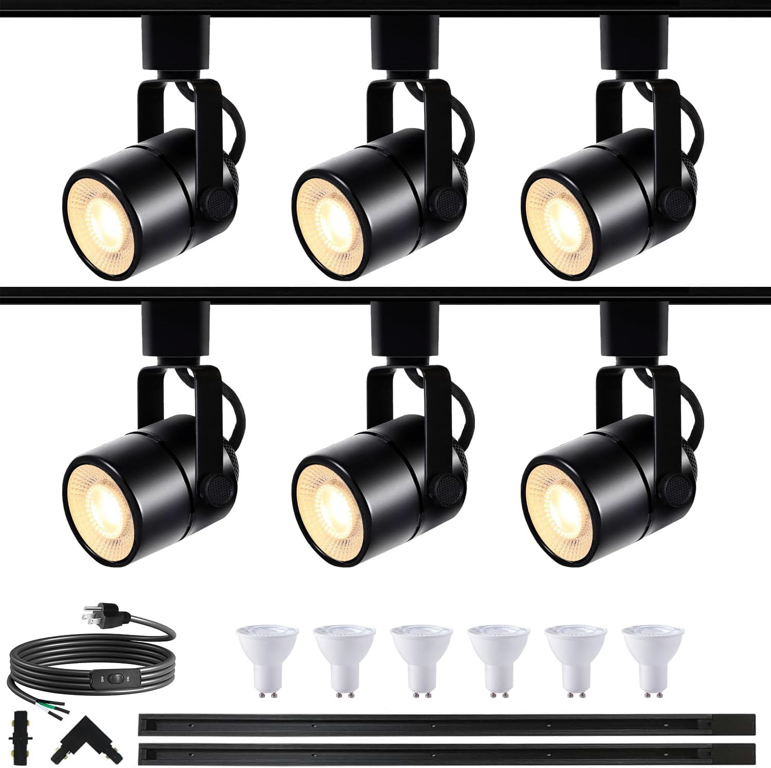 GU10 LED Black Track Lighting Complete Kit, 6000K Cool White, 6 Packs GU10 Dimmable Ceiling Spotlight Fixture with 6.56ft H Type Track Rails, Replaceable 10W LED Bulbs for Home