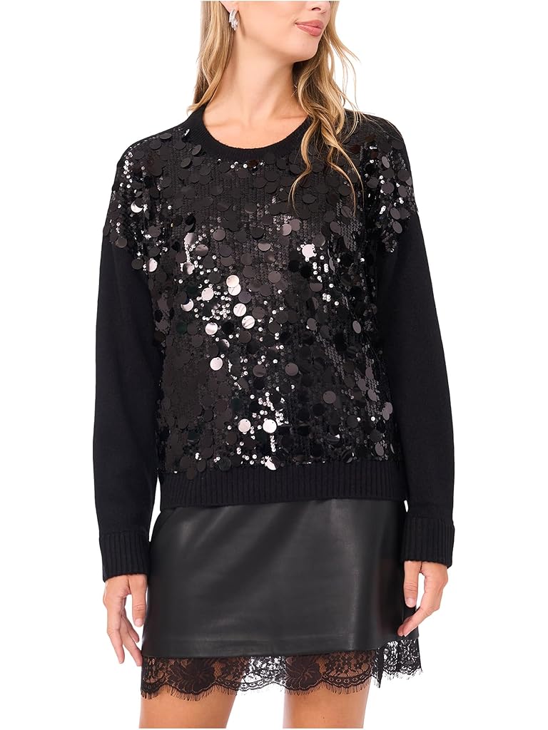 Black Vince Camuto Multi Paillette Crew Neck