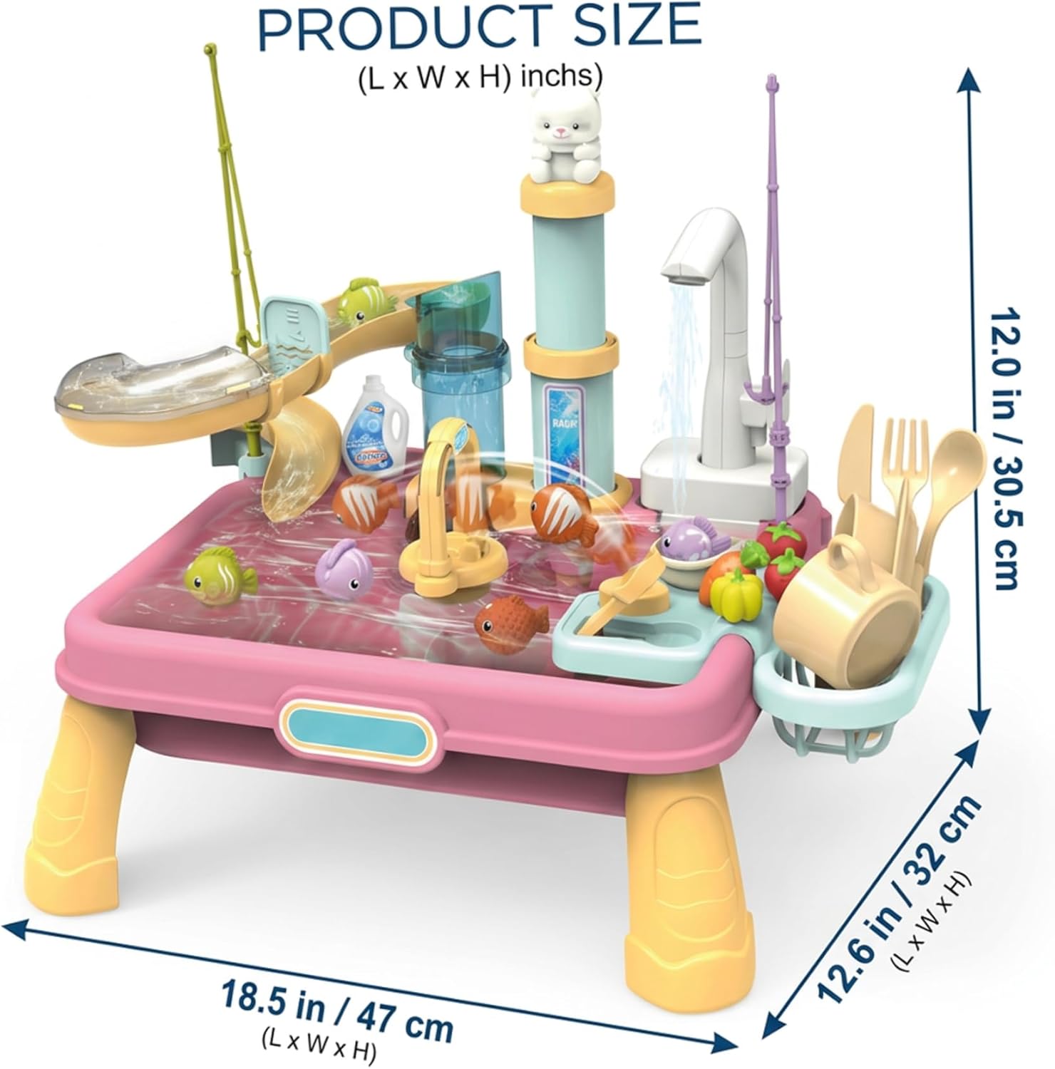 Kids Water Table, Water Play Table with Electric Play Sink & Fishing Game for Toddlers 1-3, Pretend Kitchen Sink with Accessories.