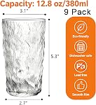 Frcctre 9 Pack de verres à boire anciens, 13 oz Verres d'eau romantiques Tumblers Glacier jumelé Tumbellers de boissons Vaisselle vintage pour boissons, jus, bière, eau, cocktails, whisky