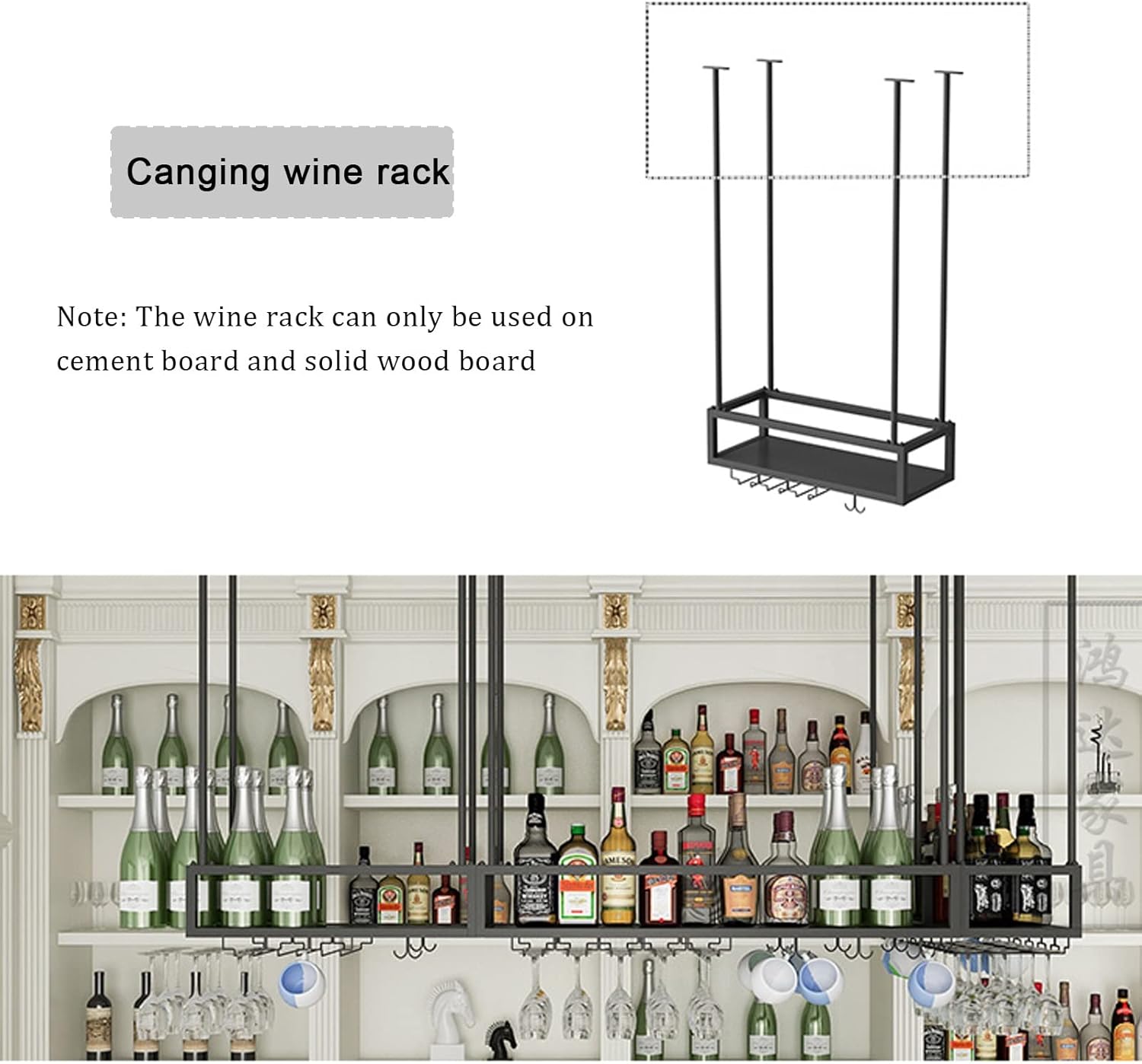 Suspended Ceiling Bar Rack - Black Metal Wine Cabinet Glass Holder & Bottle Storage Shelf Perfect for Kitchen & Under Furniture Wine Display Space-Saving Solution