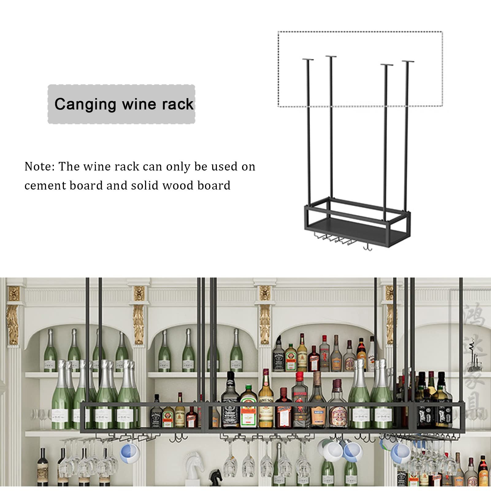 Soporte de metal suspendido para botellas de vino y soporte de vidrio, elegante unidad de bar con almacenamiento de vidrio colgante, ideal para decoración del hogar y la cocina