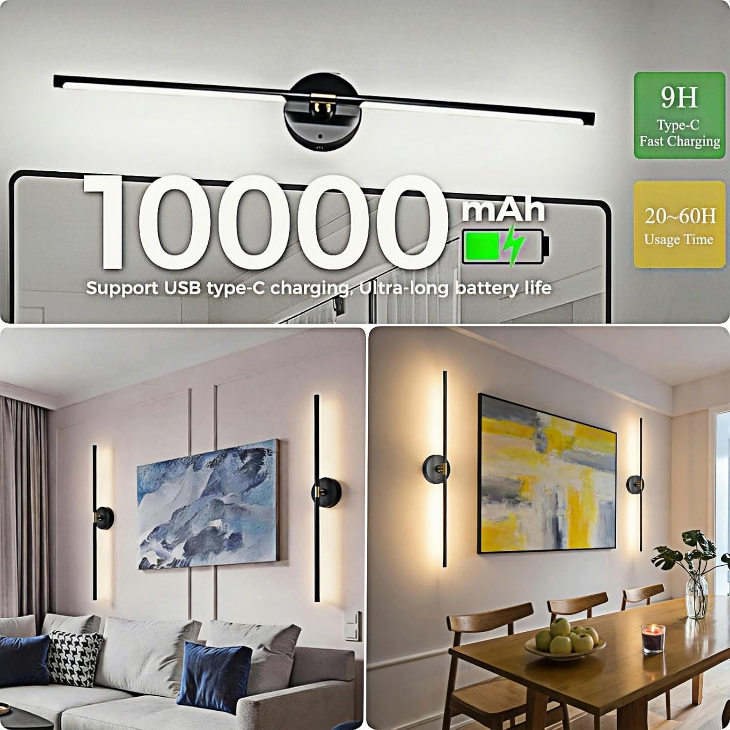 10000mAh Battery Operated Wall Sconce Set of 2: Wireless Sconces Rechargeable Wall Lights with Touch and Remote, 360° Rotate Cordless Wall Lamp for Bedroom Living Room Hallway, 31.5 Inch, Black