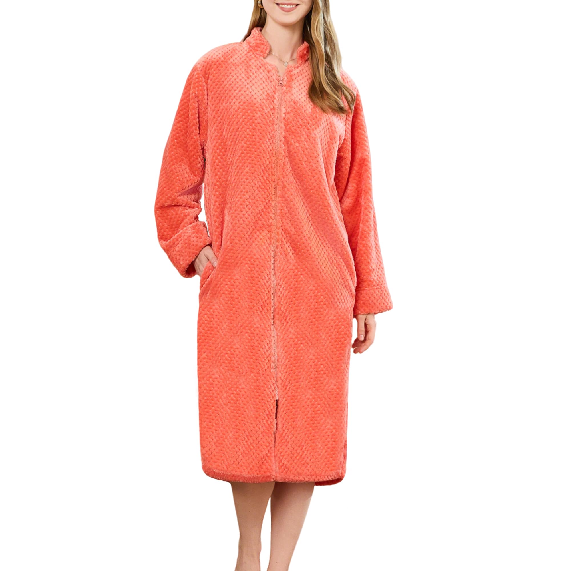 HEARTNICE Womens Flannel Zipper Robe Soft Warm Robes for Women Cozy Long Sleeve Loungewear Luxurious Nightgown with Pockets
