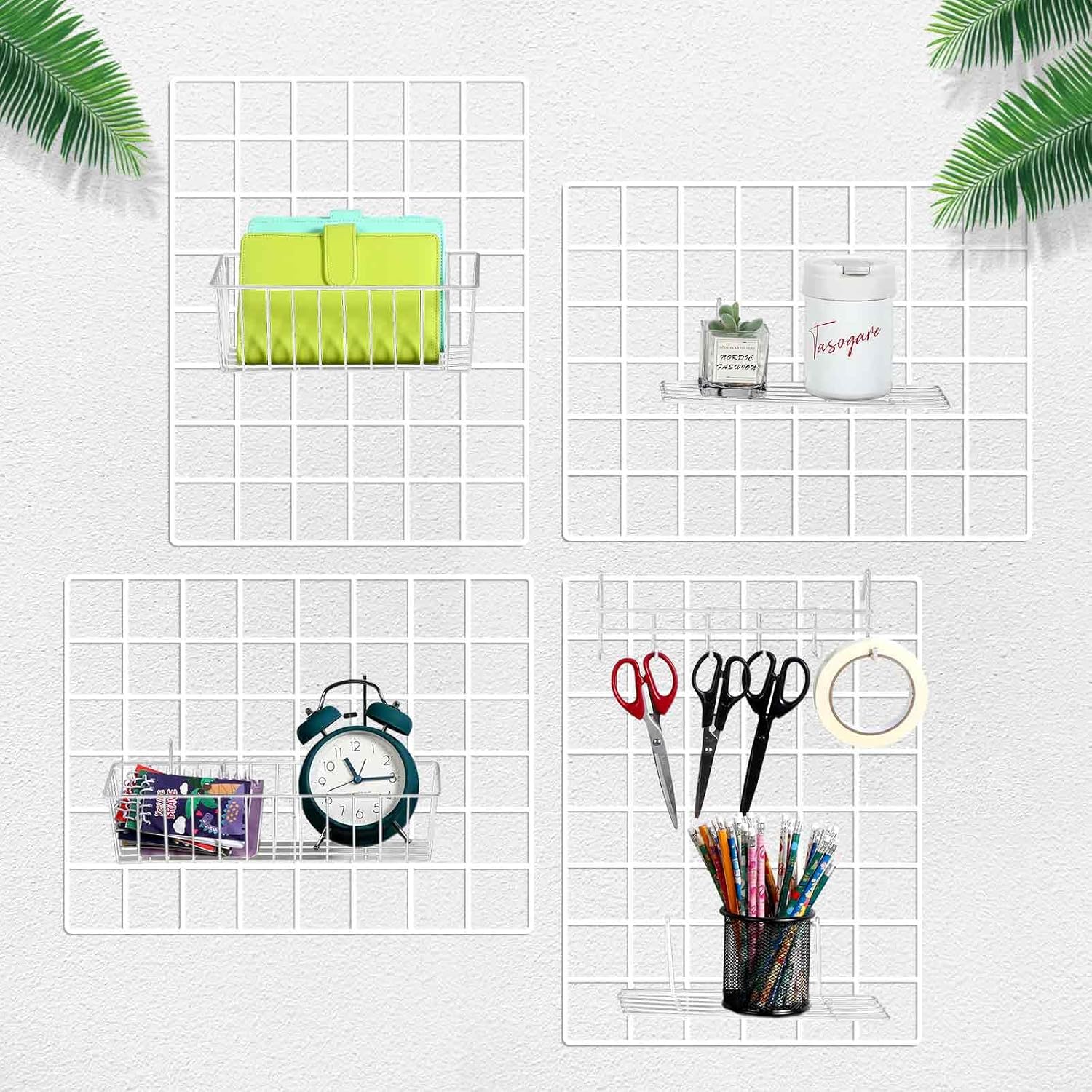 Fumete 9 Pcs Wall Grid Hanging Basket Shelf Hooks Set Includes 3 Basket 3 Wire Straight Shelf and 3 Hooks for Storage Display Organizer Grid Wall Accessories(White)