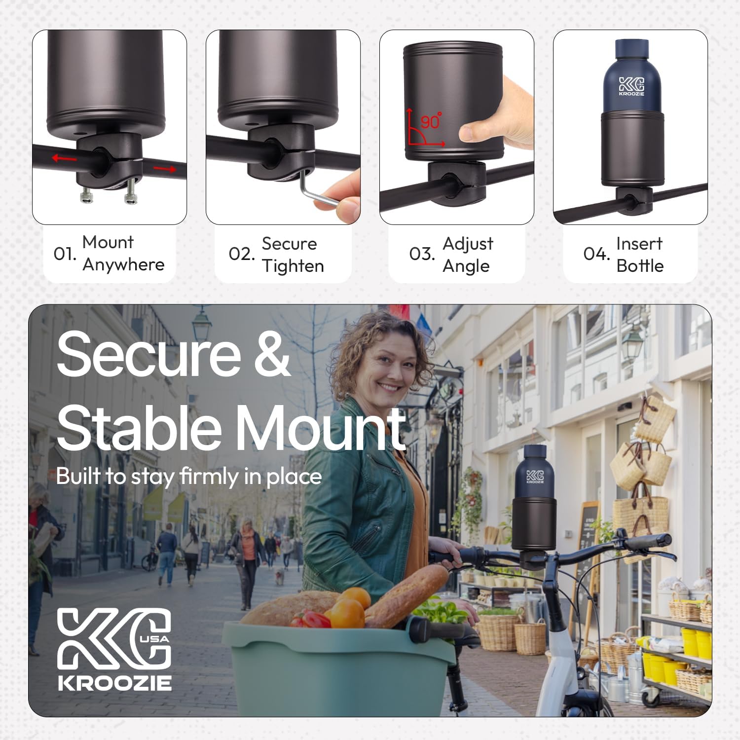 Kroozie 2.0 Bicycle Cup Holder - The Ultimate Bike Cup Holder for Beach Cruisers, E-Bikes, Scooters, Strollers – A premium stainless steel handlebar drink holder that lasts