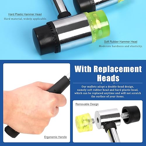 Miniatura 5 de Glarks 2 mazos de martillo suave de doble cara de 0.984 in1.378 in con 4 cabezales de repuesto, martillo de plástico y goma de doble cabeza para