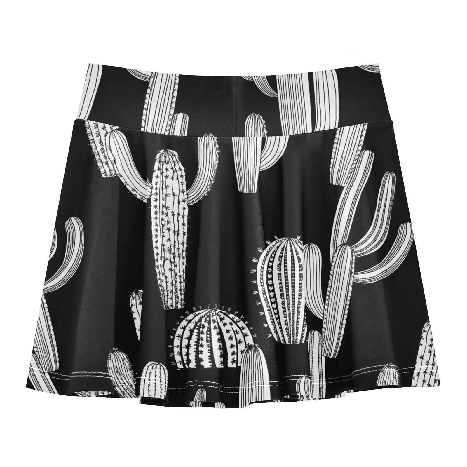 Little Girls Skorts Pleated Athletic Skirt with Shorts Flowy Tennis Cheer Skort Cute Cactus Black White Size 11-12