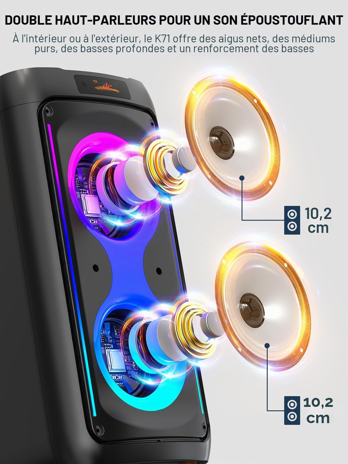 Machine de karaoké, enceinte portable d'extérieur avec 2 microphones sans fil, système PA avec lumières LED pour camping, plage, fête, prise en charge USB/TF/REC/AUX, batterie de 6000 mAh, cadeaux