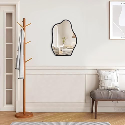 Miniatura 5 de Espejo de pared asimétrico con marco de madera, espejo colgante moderno irregular para pared para tocador, sala de estar, dormitorio, baño, entrada,