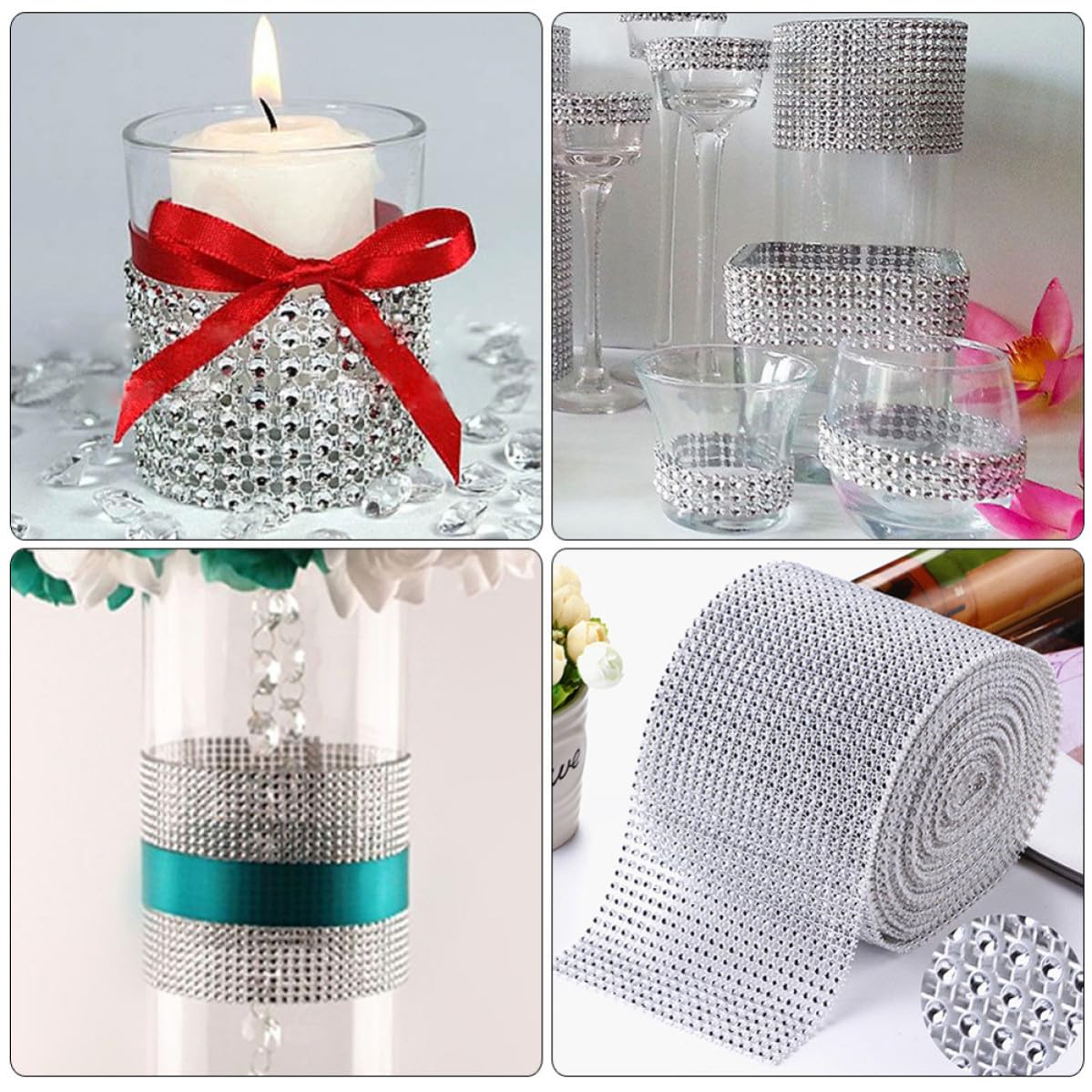 3 Rotoli Nastro Strass a Rete Argento, Rotolo Decorativo per