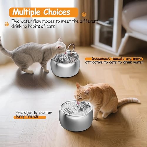 Miniatura 6 de Fuente de agua para gatos de acero inoxidable -2.5L84 onzas con cuello de cisne para beber - Fuente de agua para mascotas para gatos en el interior