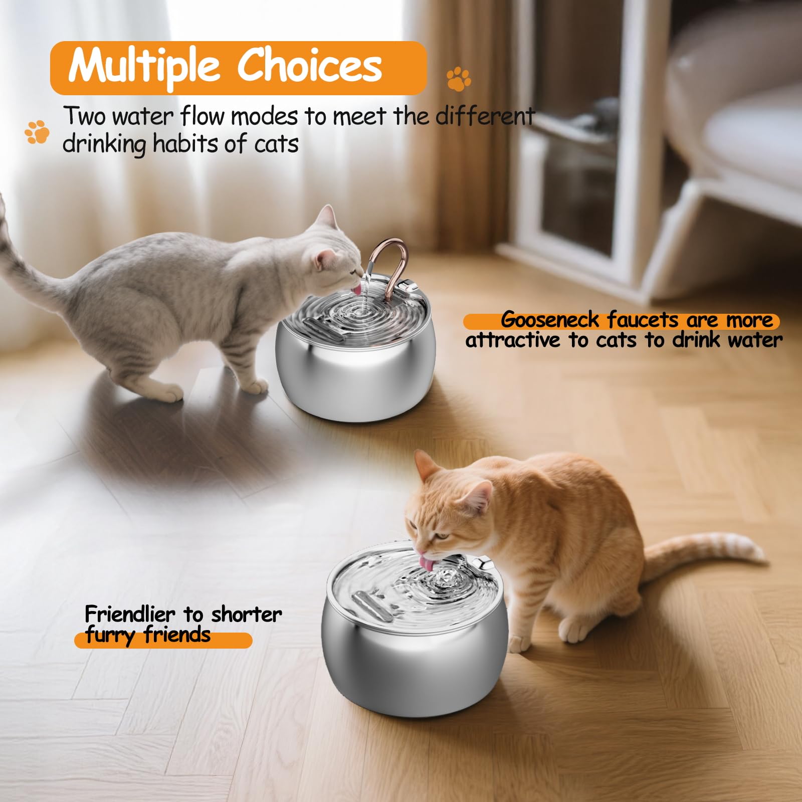 Fuente de agua para gatos, acero inoxidable, 2.5 L/84 onzas, cuello de cisne para gatitos, fuente de agua para gatos en el interior con 6 filtros de repuesto y 6 esponjas de prefiltro, para