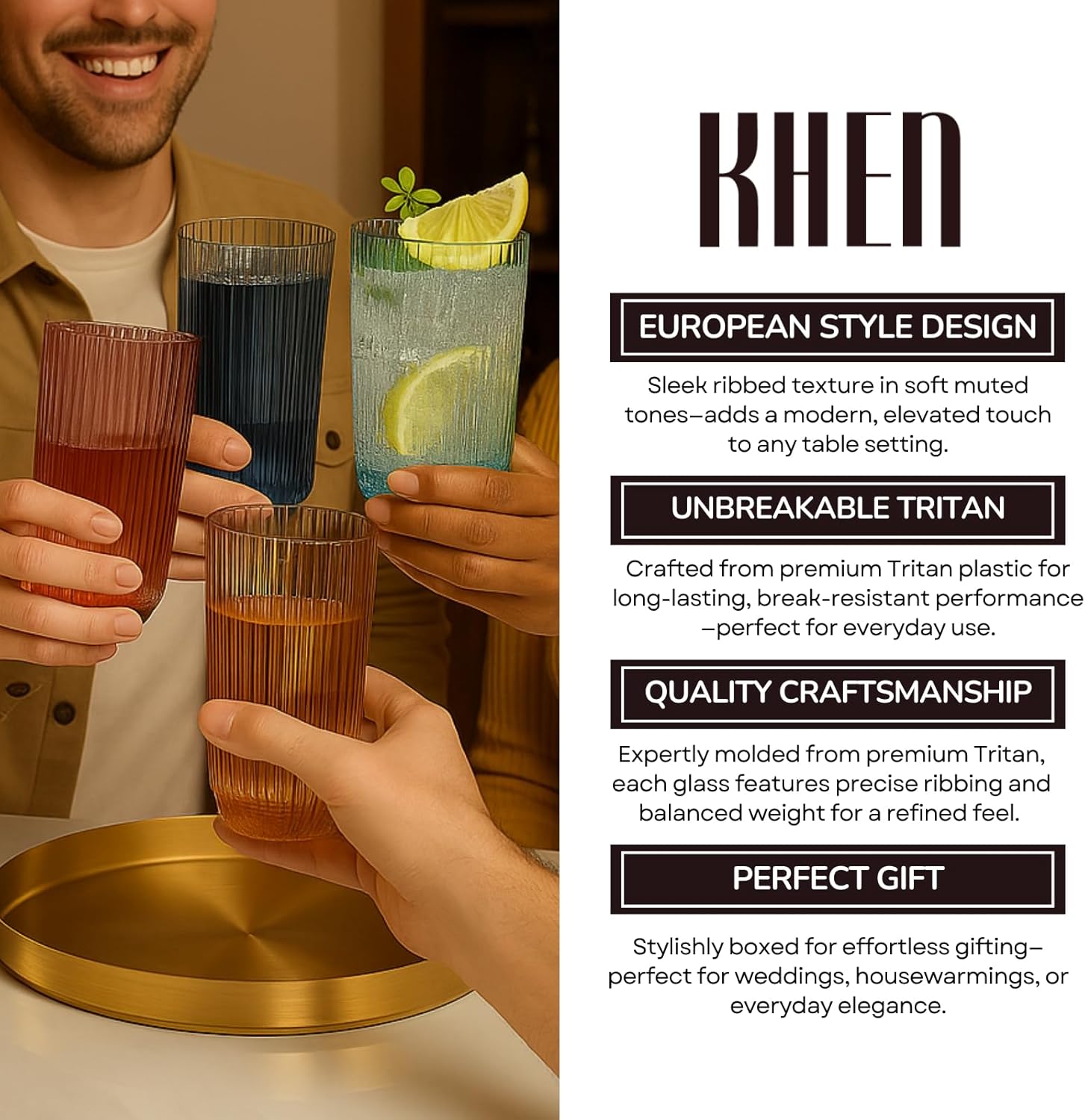 Khen Plastic Acrylic Ribbed Drinking Glasses – Set of 4 Multicolor 11.8oz Tritan Tumblers, European Style Shatterproof Drinkware – Durable, BPA-Free, Dishwasher Safe, Stackable & Unbreakable Cups - Image 6