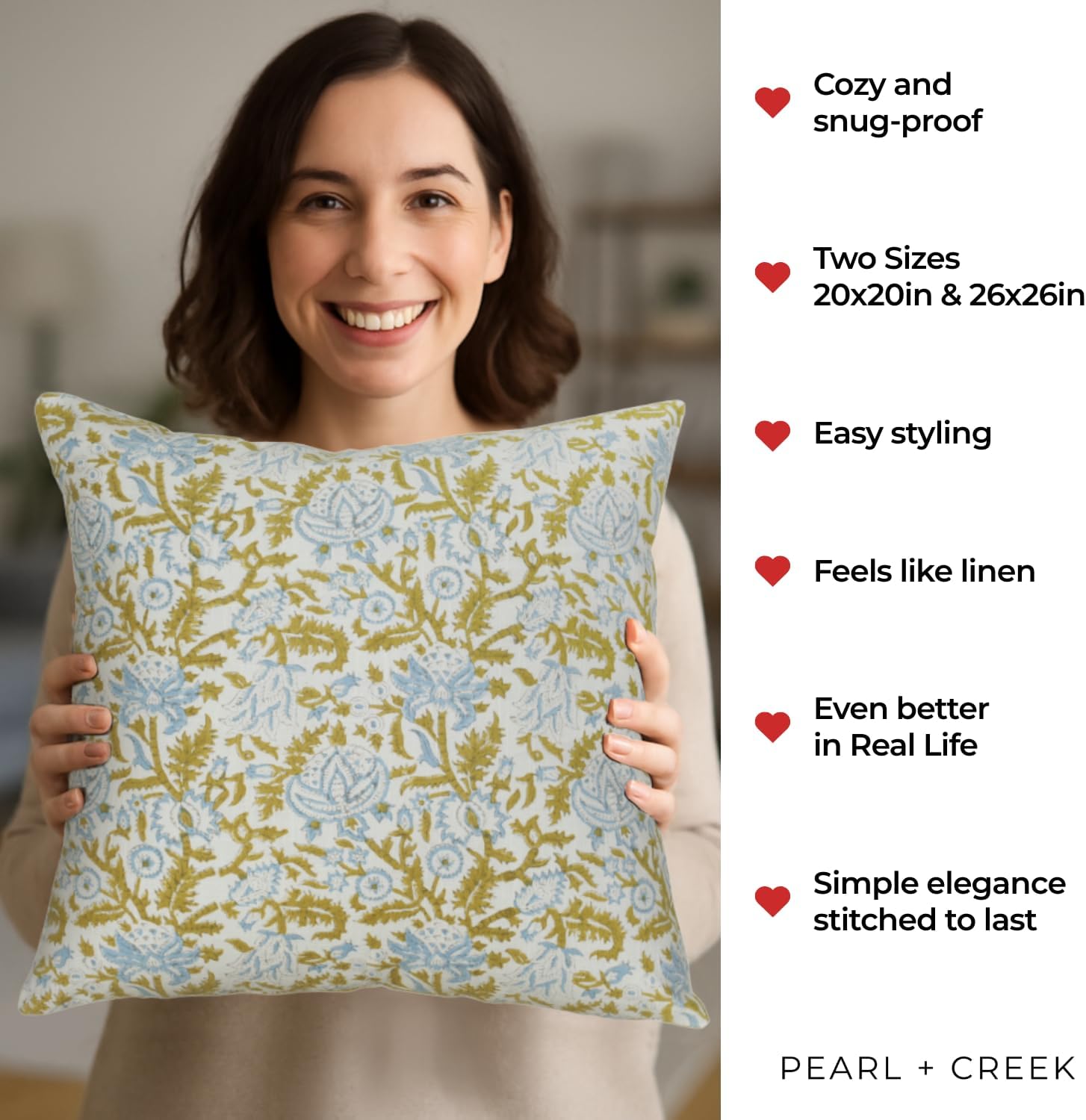 Olivia Floral Pillow Cover 26x26 – Large Handmade Cotton Block Print Cushion with Green Piping – Botanical Floral Decorative Pillowcase for Living Room, Couch, Sofa, or Reading Nook 1pc