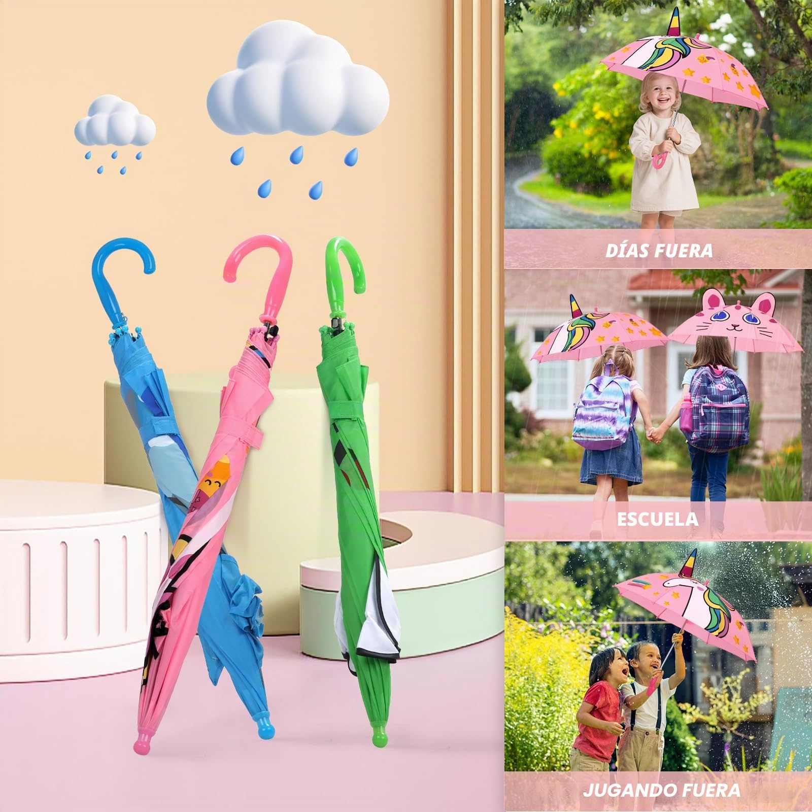 decalsweet Paraguas Plegable Niño con 3D, Paraguas Plegable Antiviento y Duradero con Silbato, Fácil de llevar Paraguas Infantil Ligero, Paraguas Mini para Niñas Niños