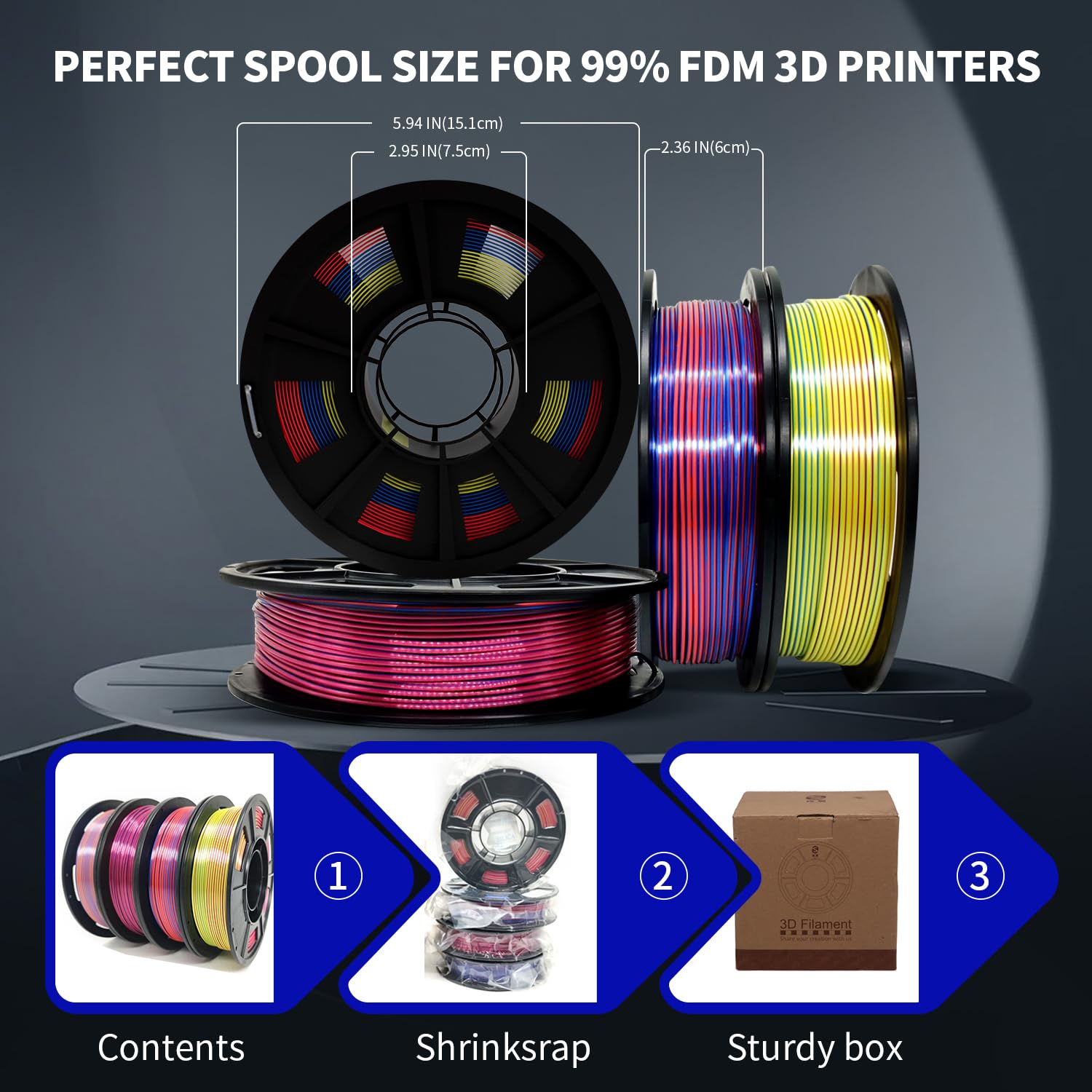 YOUSU Trójkolorowy filament PLA 1,75 mm, jedwabny filament do drukarki 3D, 4 x 250 g, wielokolorowy zestaw szpul (4 sztuki)