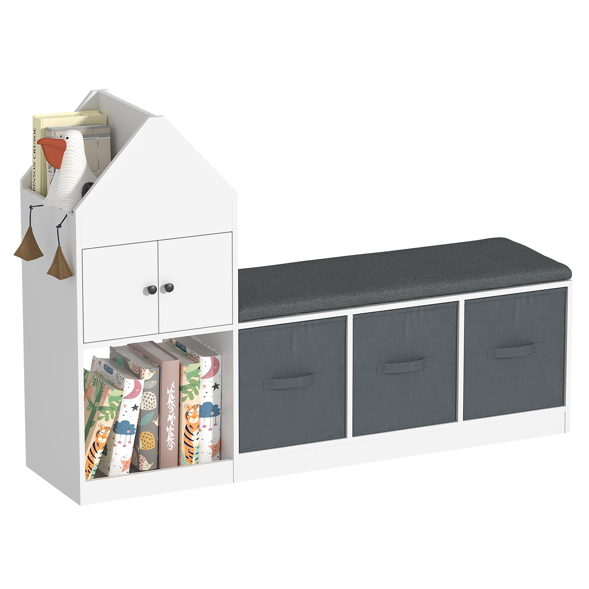 KEEPREAPER Kinderregal mit Kissen, Kinder Sitzbank mit 3 Aufbewahrungsboxen & 3 Fächer, Kinder Bücherregal, Spielzeugregal aus Holz, Aufbewahrungsregal für Kinderzimmer, 116x30x80cm, Weiß und Grau