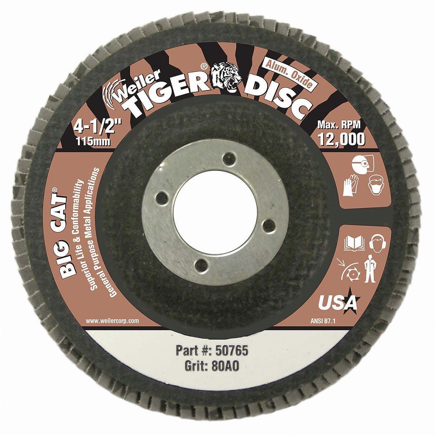 Weiler 50763 Big Cat High Density Abrasive Flap Disc, Type 27, Round Hole, Phenolic Backing, Aluminum Oxide, 4-1/2" Dia., 40 Grit