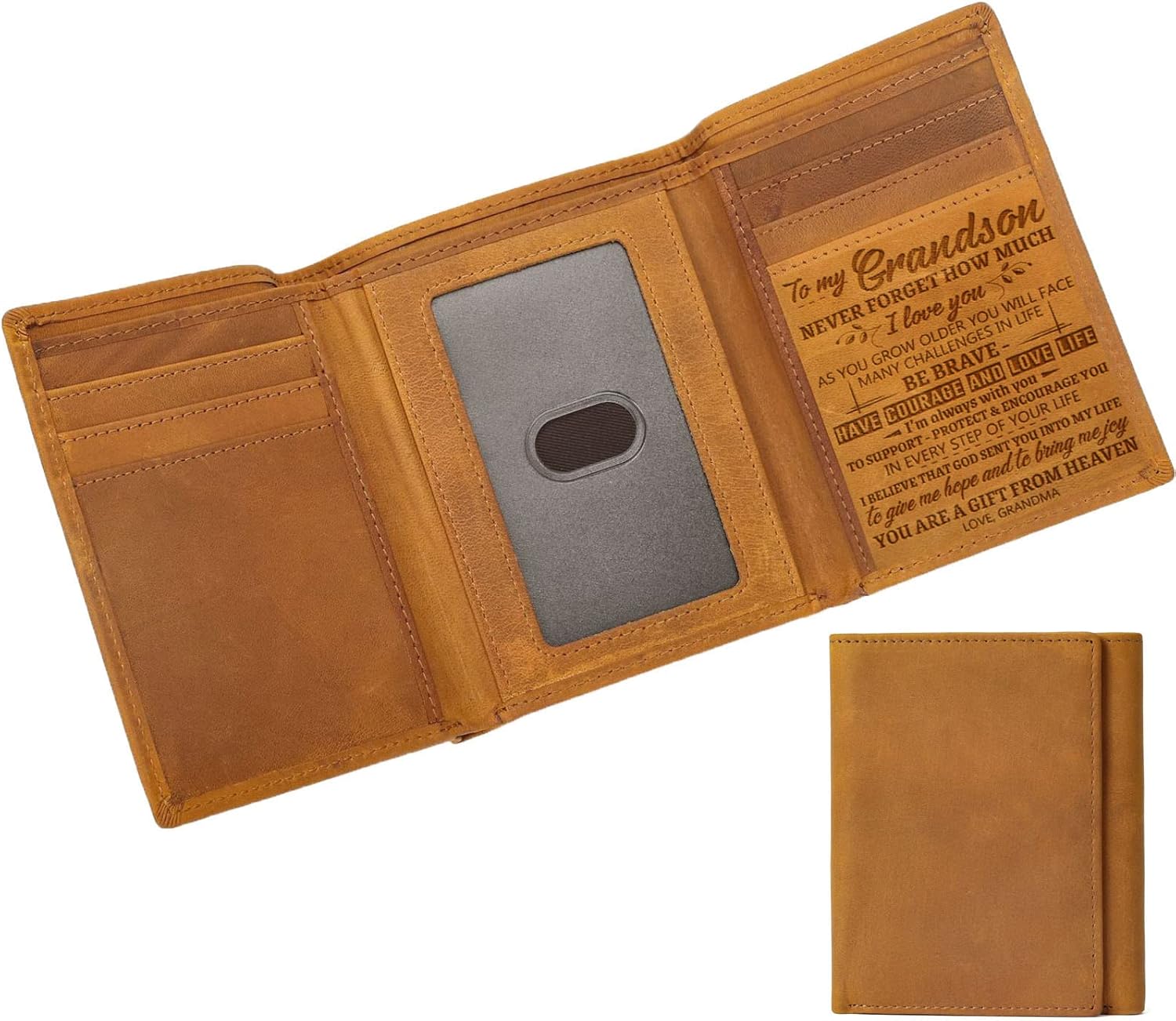 Engraved Leather Wallets for Grandson Tri-fold Wallet for Men Gifts To My Grandson from Grandma Nana (I'm Always Right There from Grandma)