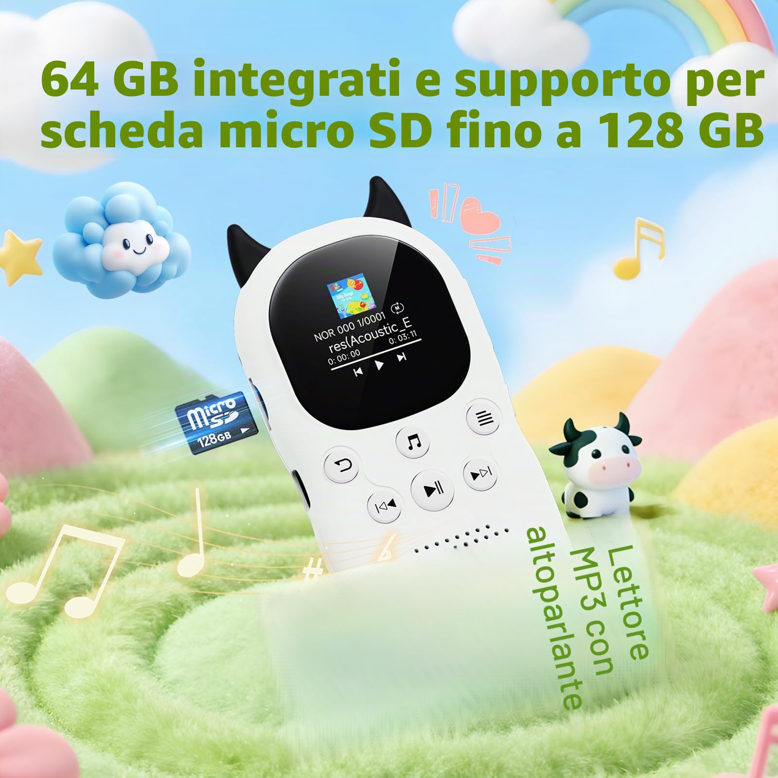 64 GB Lettore MP3 Bluetooth 5.3 per bambini, altoparlanti, lettore musicale con radio FM, sveglia, riproduzione di brani con un clic, batteria da 750 mAh, qualità audio HiFi, cordino gratuito