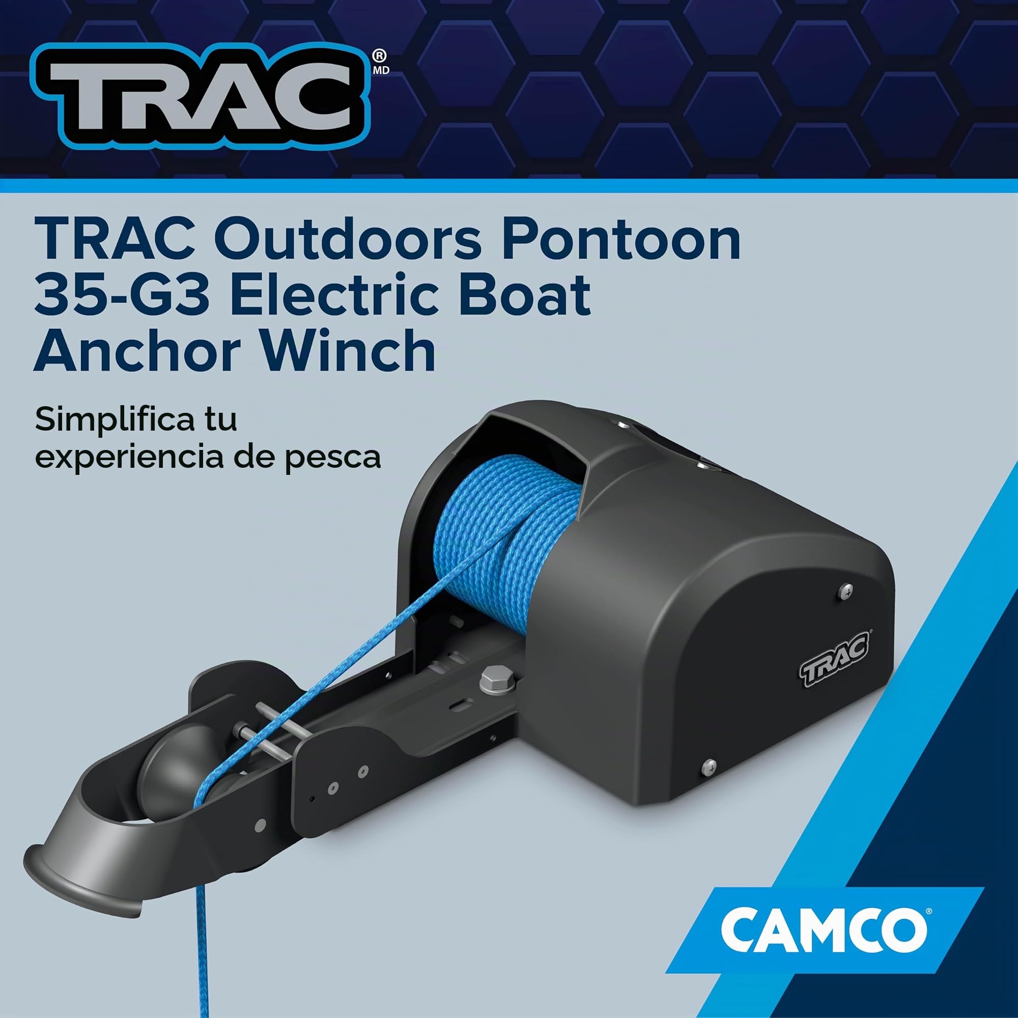 Camco, TRAC, 69003, Pontón de exterior 35-G3, cabrestante de anclaje eléctrico. Cuenta con un motor de engranaje de acero de alta eficiencia de 12 voltios de CC y 30,5 m de cuerda de anclaje de doble