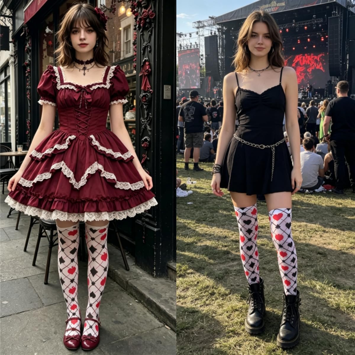 Knee High Socks Alice Playing Card Print Thigh High Sheer Cute Anime Cosplay Stockings, Harajuku Y2K Alt Fashion Leggings for Women Tea Party, Festival Halloween or Daily