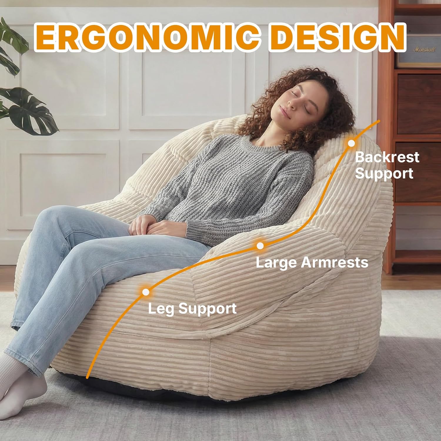 EBENCHICO Giant Bean Bag Chair for Adults and Teens, Corduroy Large Bean Bag Chairs with Armrests, Adult BeanBag Sofa Couch Chairs with Filler, Comfy Reading Chair Floor Sofa for Gaming, Napping
