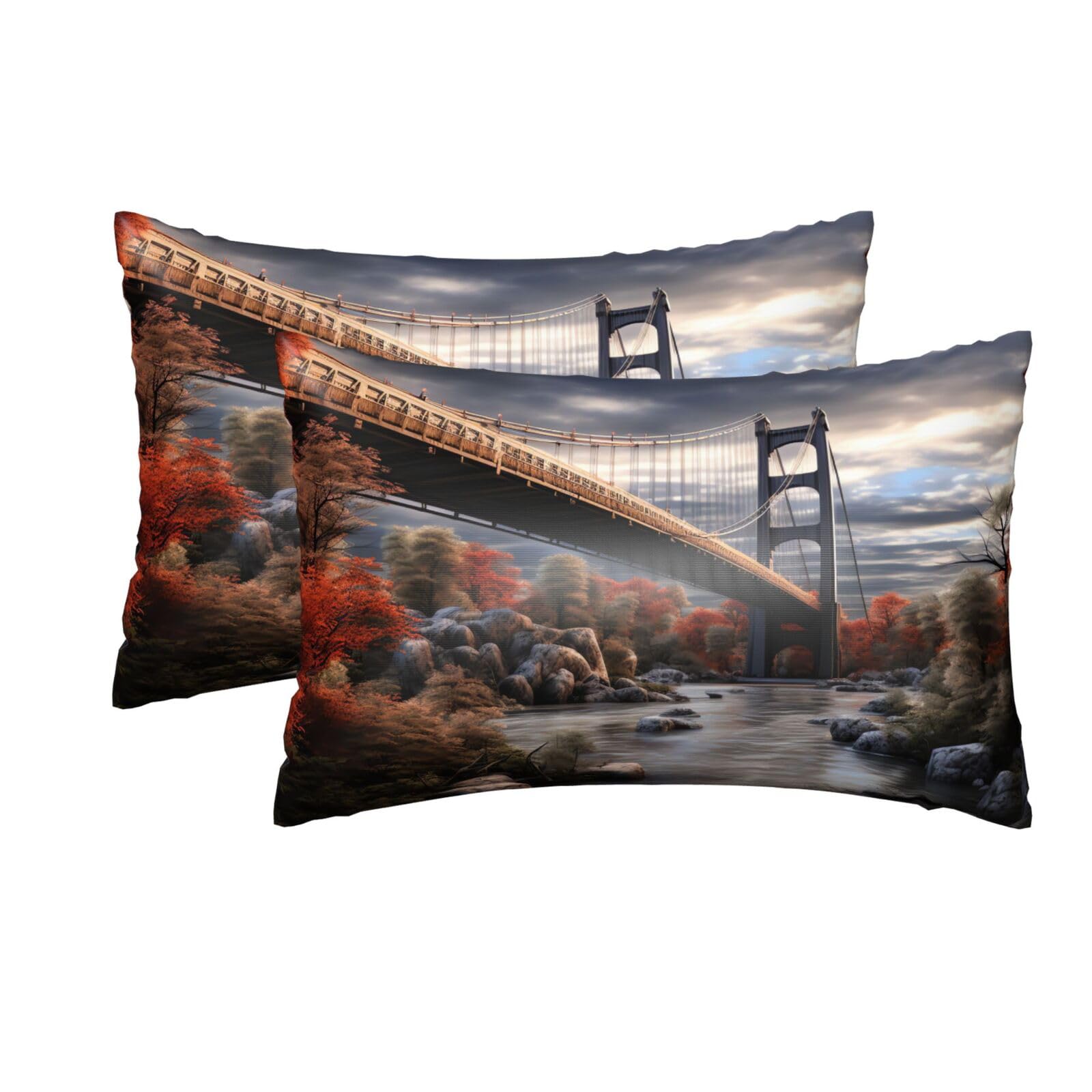2 Pack Queen Silk Pillow Cases with Hidden Zipper, Luxury Soft Satin Pillow Covers for Hair and Skin, Scenery Bridge Pillowcases 20"x30" Bed Pillow Protectors Cover for Sleeping Gifts