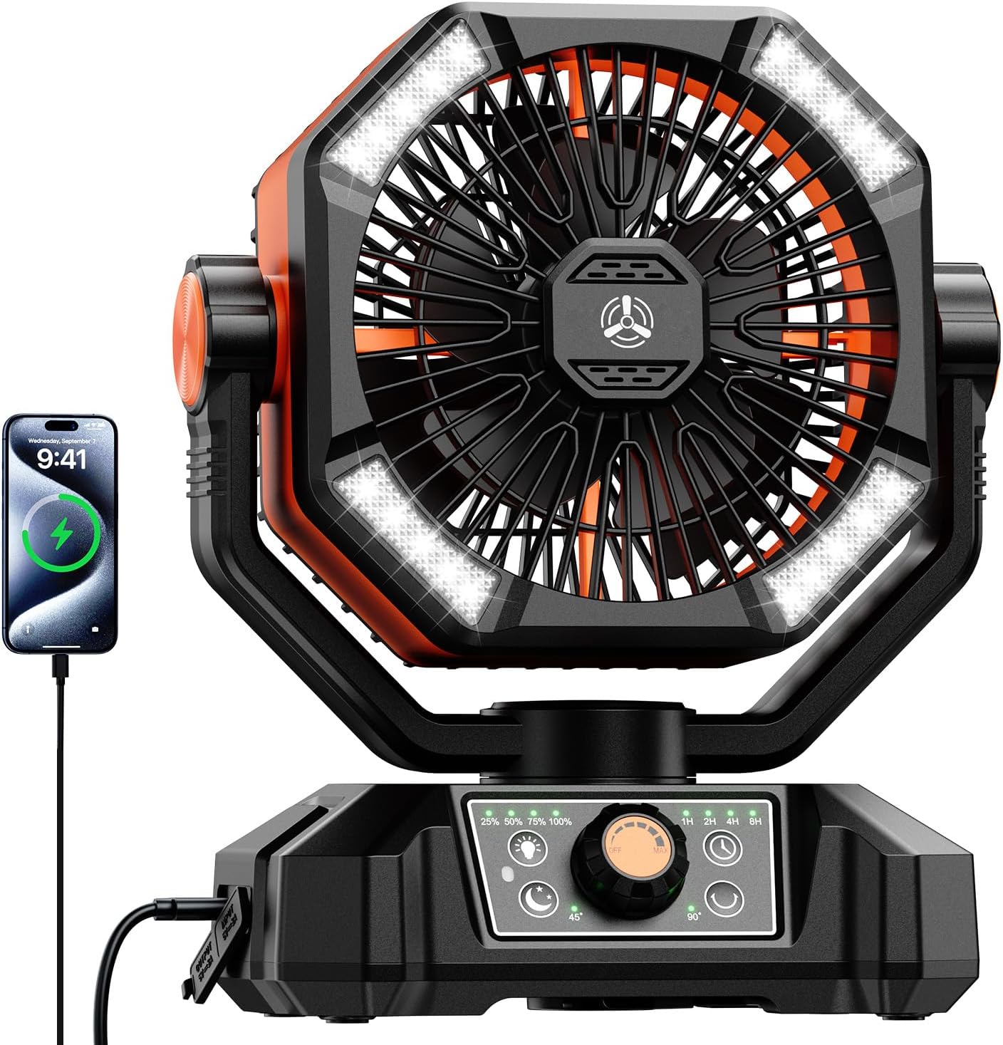 Camping Fan, 20000mAh Battery Powered Fan with LED Lantern, Rechargeable Battery Operated Oscillating with Remote Hook, 8 Speeds Outdoor Fans for Teny, Picnic, Fishing, Travel, Jobsite