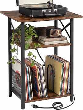 AMHANCIBLE Record Player Stand with Charging Station, Vinyl Record Storage