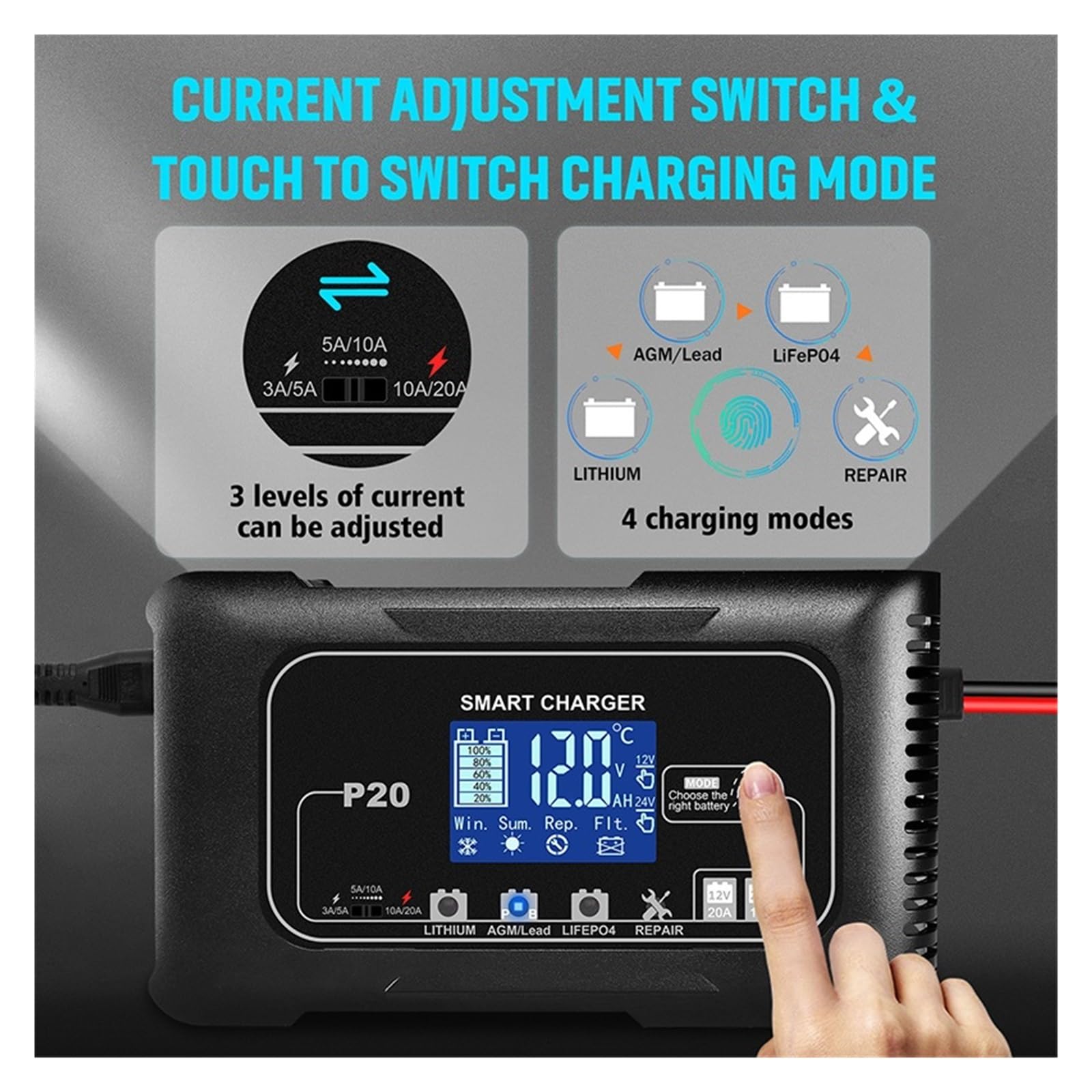 Cargador De Batería Inteligente 10/15/20A 12V/24V LCD Carga Reparación Pulso Automático For Coche Moto Litio Plomo-ácido Potente Carga Rápida(10A 20A)