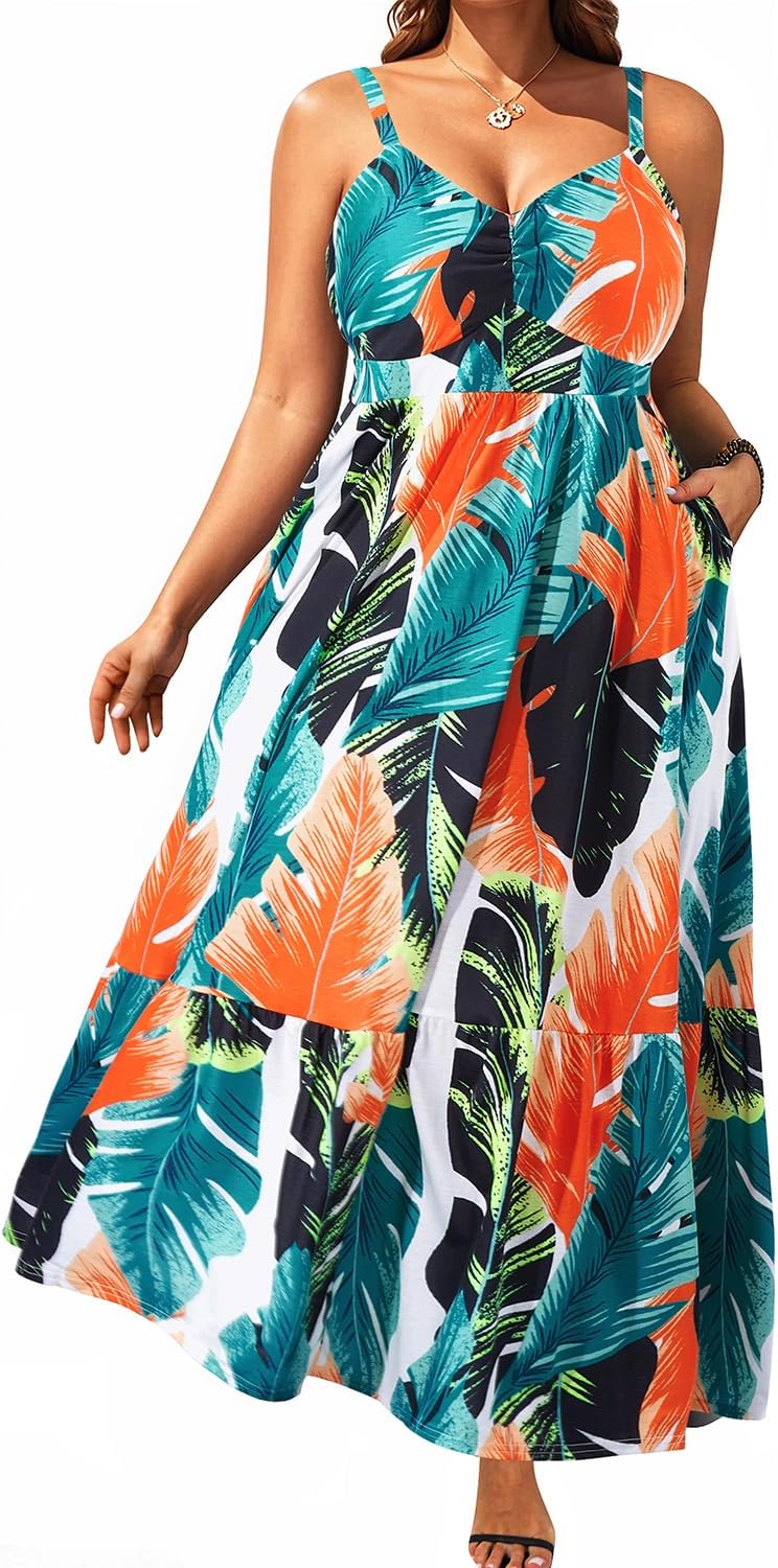 Women's Plus Size Summer Maxi Sun Dress Spaghetti Strap Ruched Bust Long Casual Sundress with Pockets
