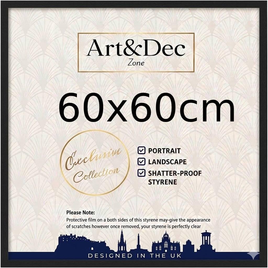 Art & Dec Zone® Sleek Black MDF Picture Frame 60x60 cm Square Durable MDF Poster Frame with Clear Acrylic Protection – Wall Display for Photos, Artwork & Prints