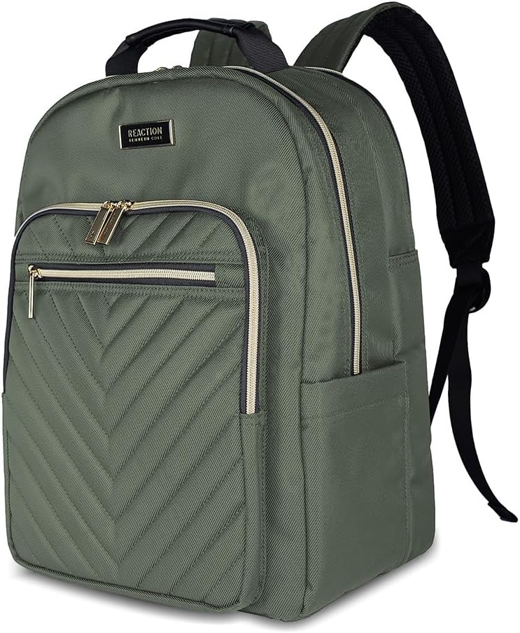 Kenneth Cole REACTION Chelsea 2-Piece Bundle - 20" Chevron Expandable 8-Wheel Carry-On Suitcase & Matching 15" Laptop Backpack, Olive