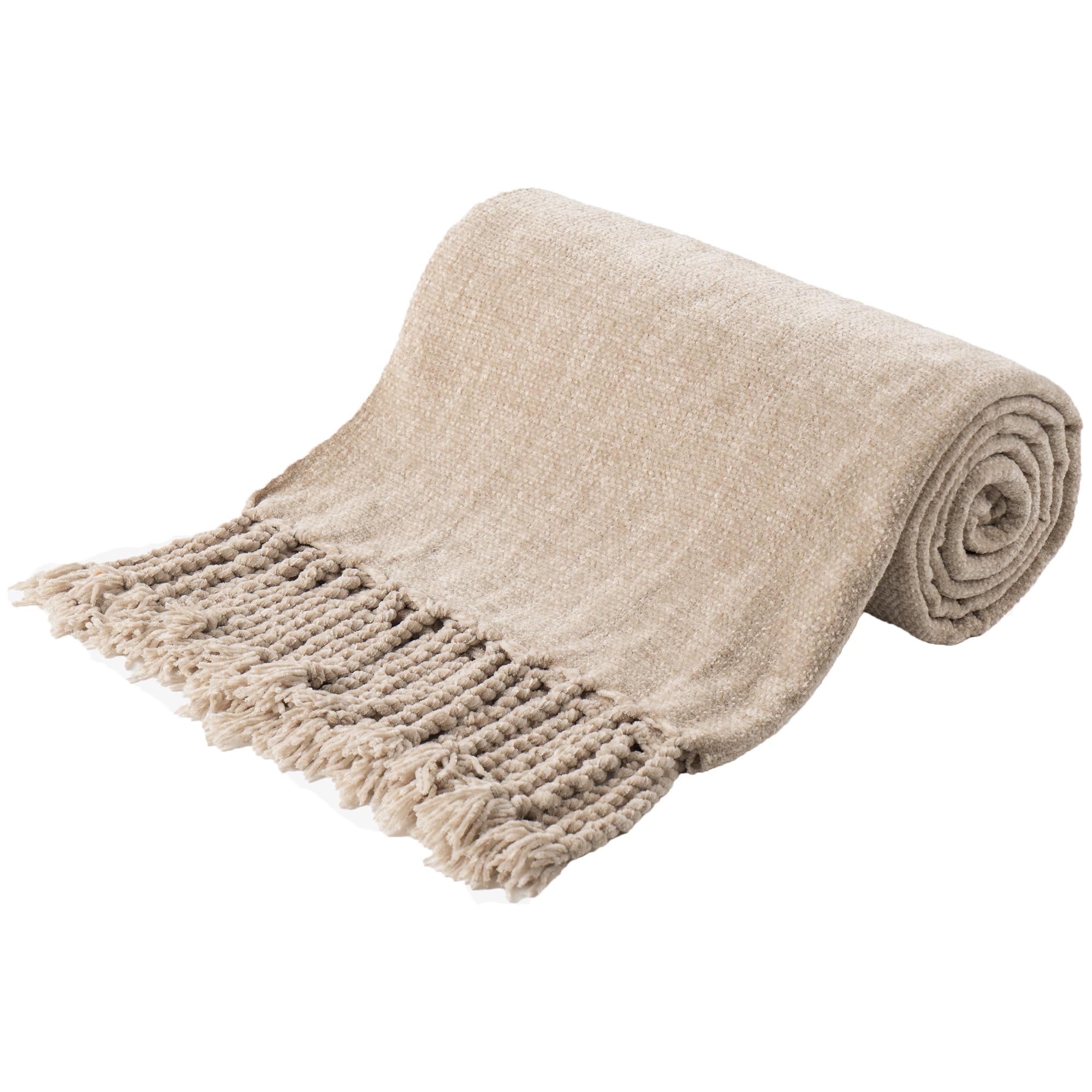 BATTILO HOME Beige Chenille Throw Blanket for Couch, Decorative Fringe Velvety Khaki Tan Throw Blanket for Sofa Home Decor, 50"x60"