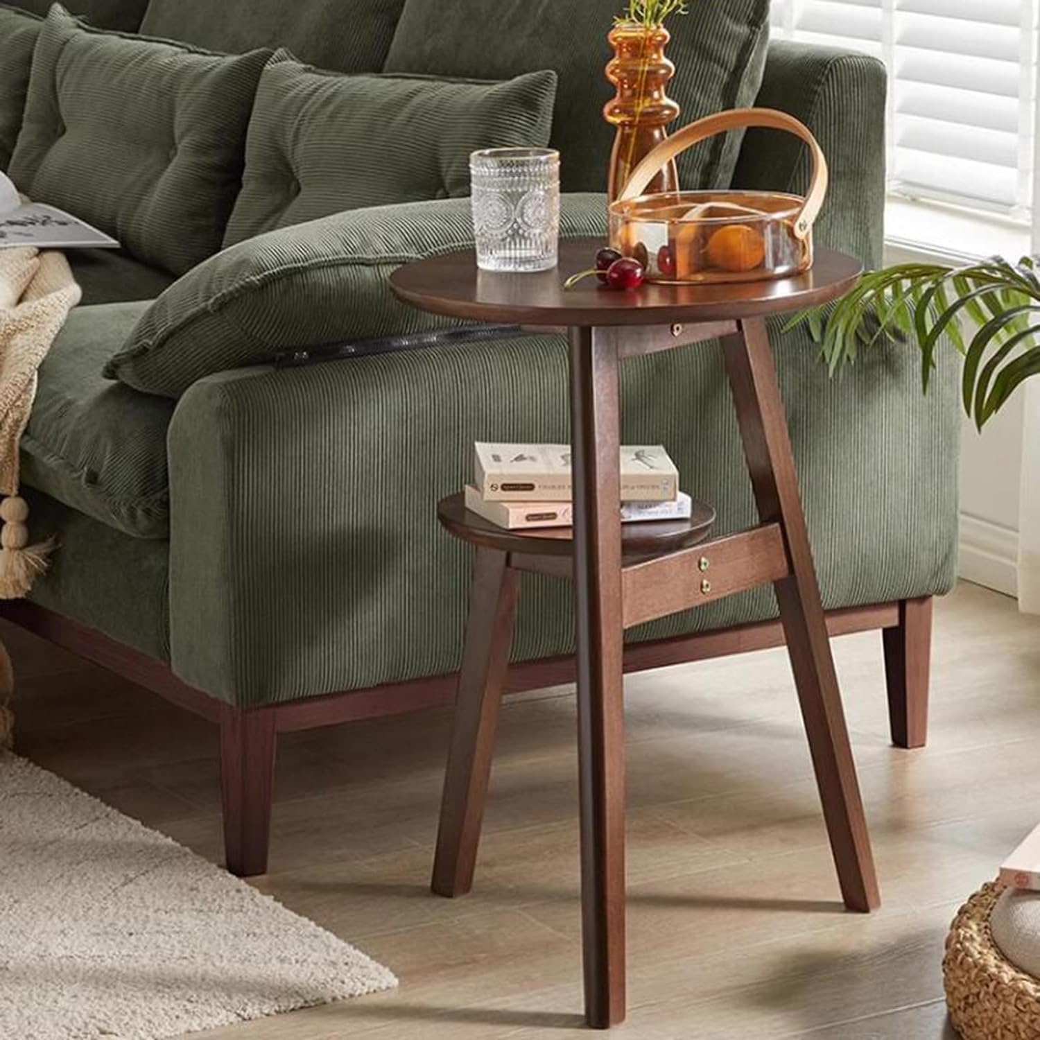 Aimery Office End Table 2 Tier Wooden Sofa Side Table, Vintage Living Room Coffee Table with Shelf, Stable Snack Table for Bedroom Dessert Shop Balcony