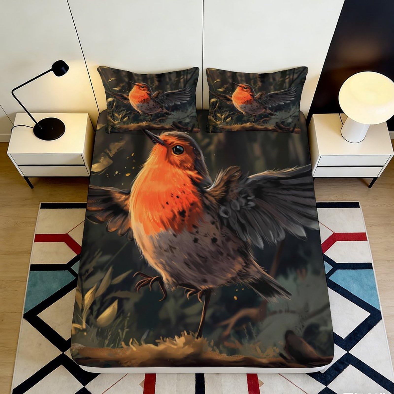 3D Printed Robin Bird Fitted Sheet Microfiber Soft Breathable Forest Theme Mattress Cover for Bedroom Dorm Decor 120x200x25cm