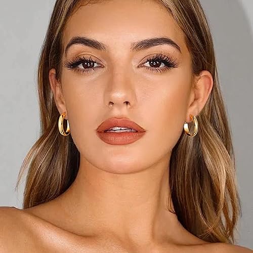 Vista 2 de Gacimy Aretes de aro de oro para mujer, chapados en oro real de 14 quilates con poste de plata de ley 925, hipoalergénicos, ligeros, gruesos