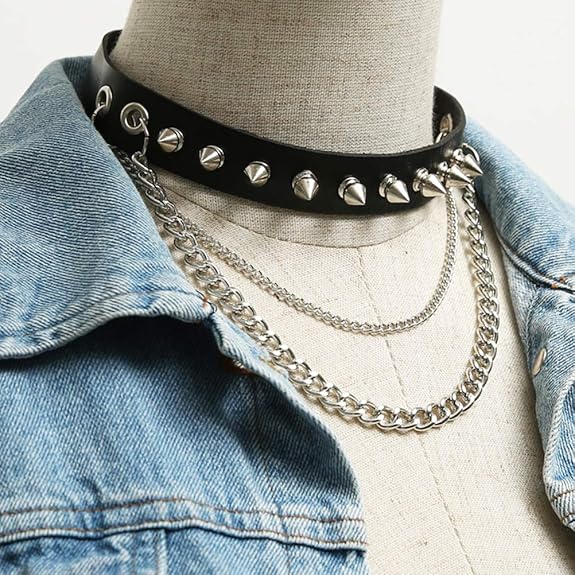Spiked Studded Link Leather Collar Choker