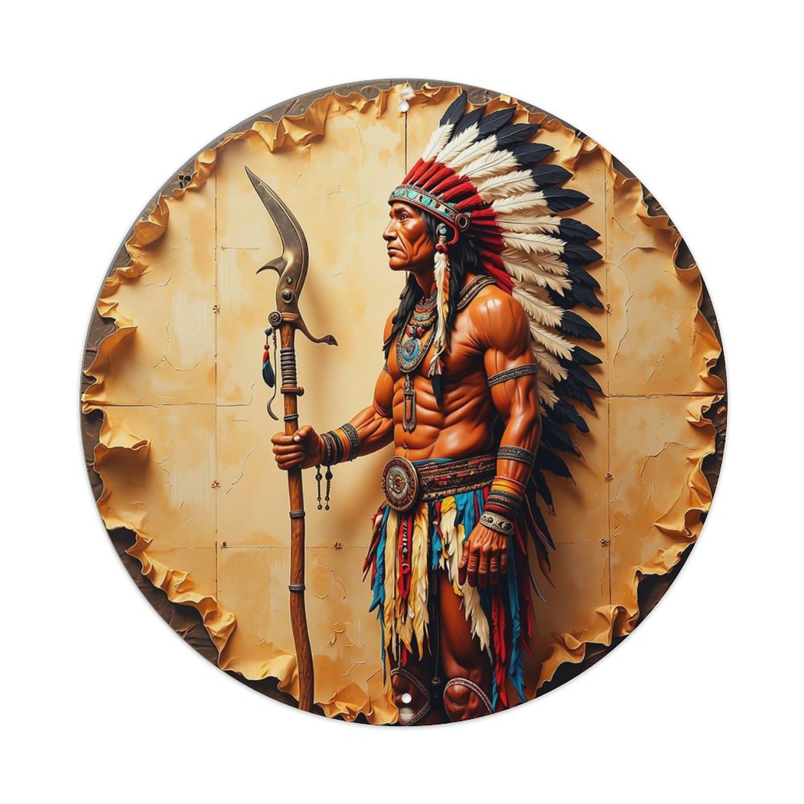 Jdyaojiesheng Vintage Native American Warrior Headdress Staff Round Tin Sign Retro Metal Wall Decor Metal Poster, Home Bar Garage Farmhouse Cafe Wall Art Decoration 8X8inch