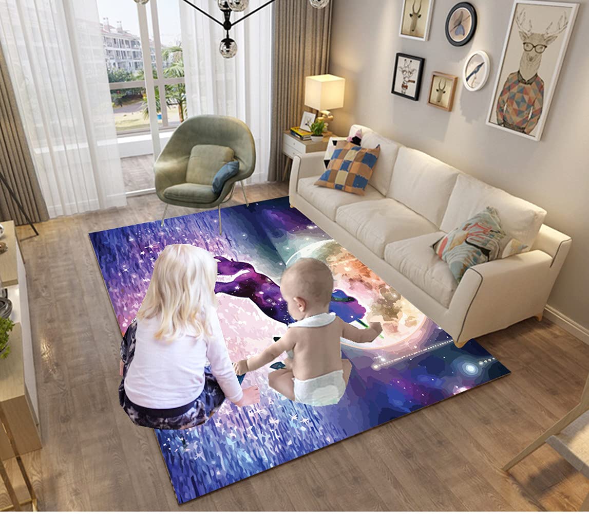 3D Galaxis Einhorn Pferd Tier Muster Kinder Mädchen Jungen Teppich Schlafzimmer Dekorativ Kinderzimmer,Matten Krabbelmatte Modern Weichem Flanell Kinderteppiche Waschbar (Rosa,140 x 180 cm)