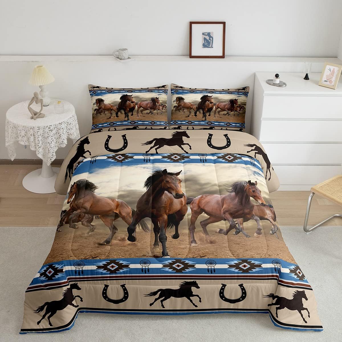 jejeloiu Horse Bedding Set Full Size Western Cowboy Comforter Set for Kids Boys