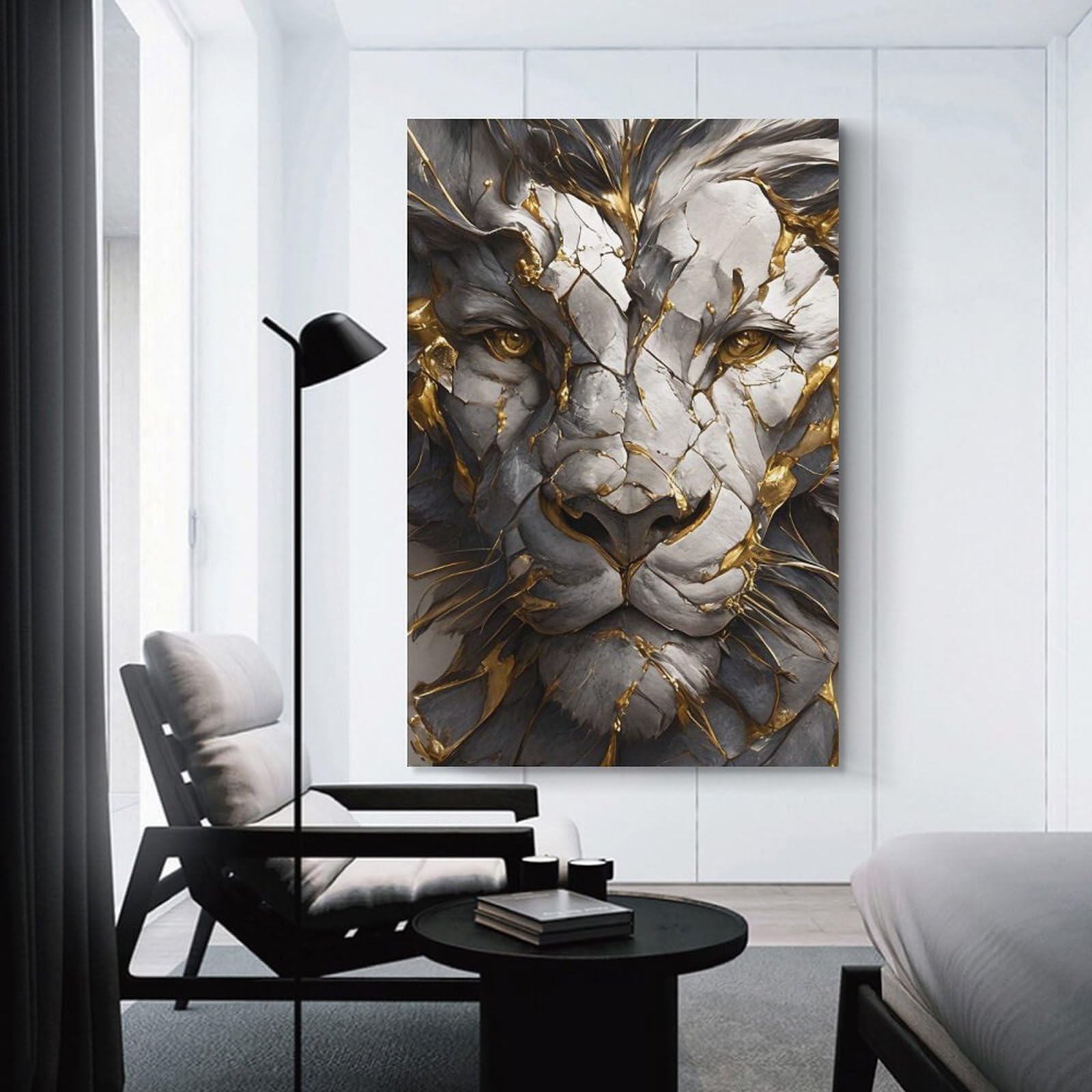 Junmoney Lion Portrait with Gold Accents Decorative Canvas Print, 16x24inch(40x60cm), for Gallery Wall Decor And Room Displays, Wall Decor Suited to Curated Displays