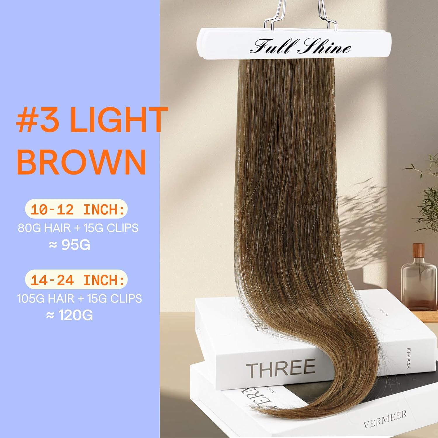 Full Shine Human Hair Clip in Extensions, Light Brown Clip in Hair Extensions Human Hair, for Cheer, 20 Inch 7 Pcs 120g