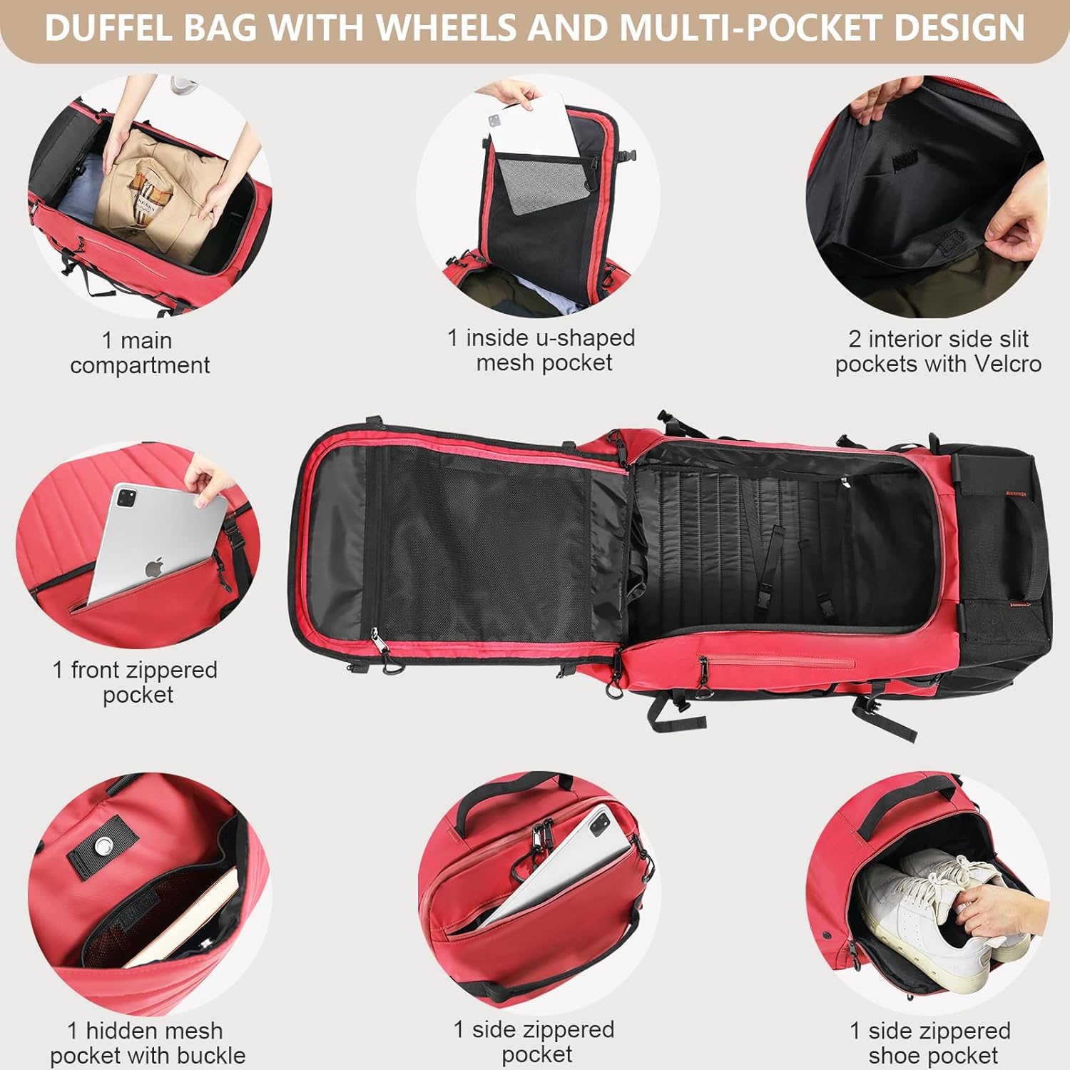 CONTAIL 86L Foldable Wheeled Duffel Backpack with Padded Quilted Bottom, Waterproof Collapsible Travel Duffle Bag with Extended Web Handles,No Telescope Handle,Red - Image 6